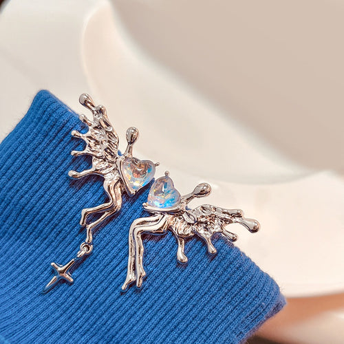 Luxury Silver Alloy Heart Angel Wing Blue Rhinestone Punk Hip Hop Stud Earrings