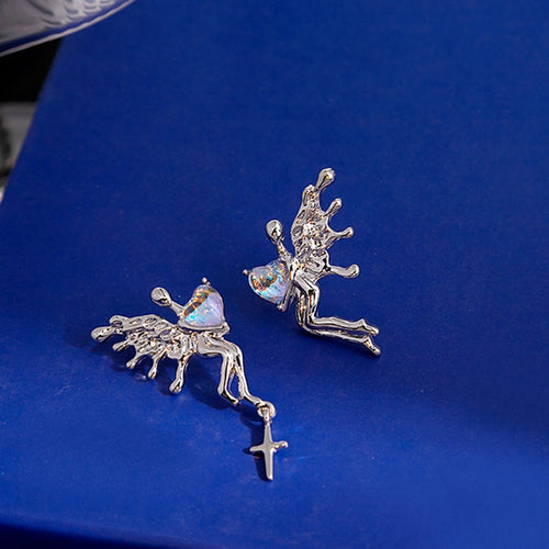 Luxury Silver Alloy Heart Angel Wing Blue Rhinestone Punk Hip Hop Stud Earrings