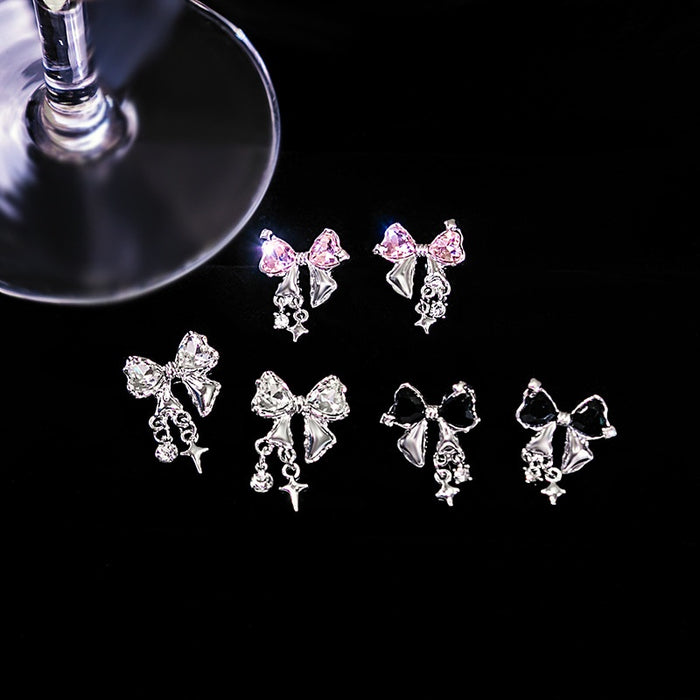 Elegant Korean Style Rhinestone Bow Stud Dangle Silver Needle Sweet Sparkling Alloy Earrings