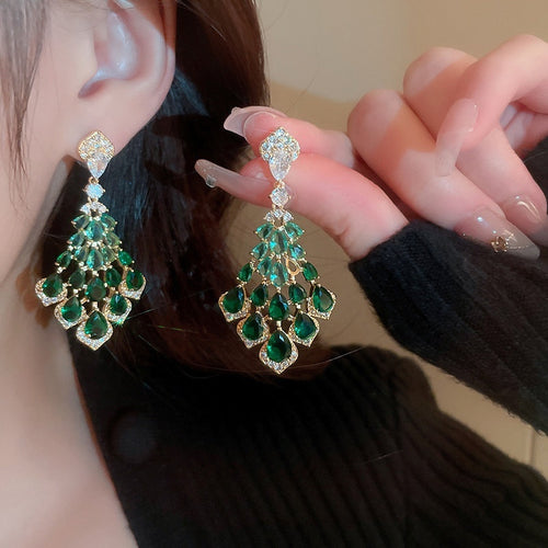 Copper Zircon Feather Leaf Geometric Tassel Drop Earrings For Women European Style