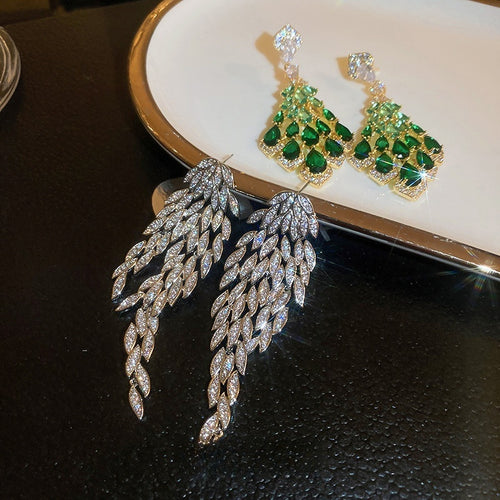 Copper Zircon Feather Leaf Geometric Tassel Drop Earrings For Women European Style