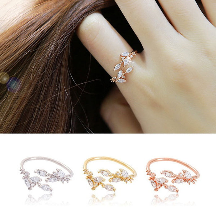 Japanese Korean Forest Style Leaf Zircon Open Ring, Minimalist Fresh Finger Jewelry