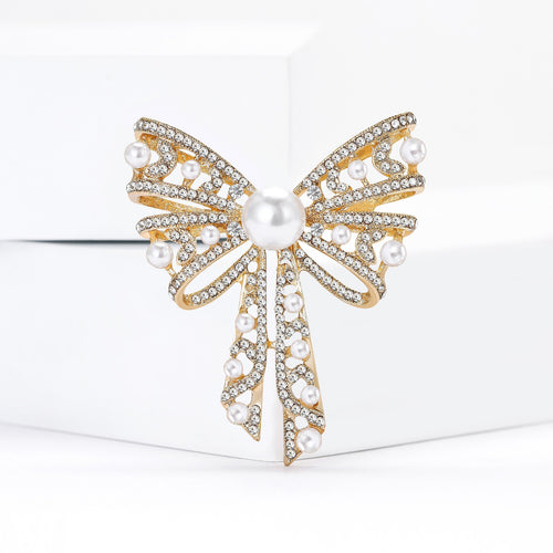 Alloy Pearl Rhinestone Bow Brooch Pin For Sweaters And Suits