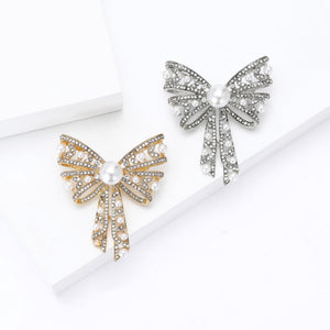 Alloy Pearl Rhinestone Bow Brooch Pin For Sweaters And Suits