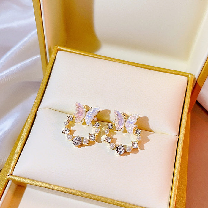 Elegant French Hollow Floral Wreath Butterfly Studs With Pearl Rhinestone Zircon Alloy Sweet Forest Earrings