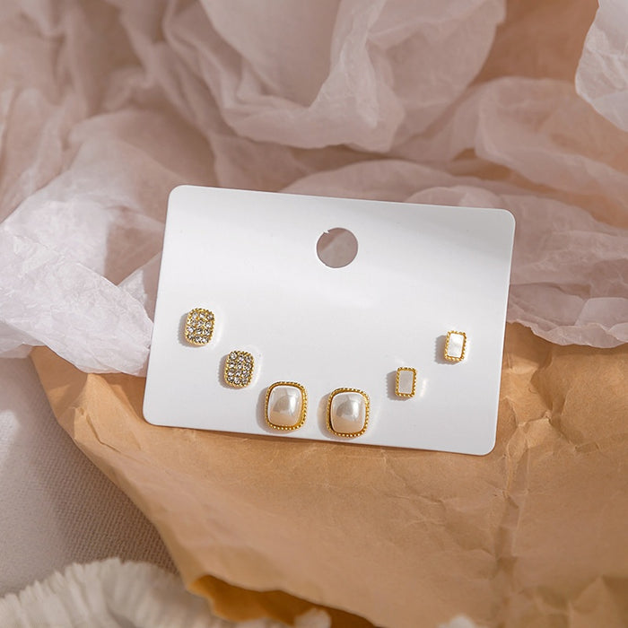 Elegant French Gold Alloy Pearl And Zircon Geometric Stud Set Small Versatile Women Earrings