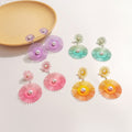 Candy Color Gradient Sunburst Gear Shape Faux Pearl Alloy Long Drop Stud Women's Fashion Earrings view 1