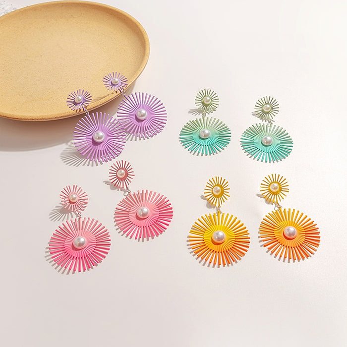 Candy Color Gradient Sunburst Gear Shape Faux Pearl Alloy Long Drop Stud Women's Fashion Earrings