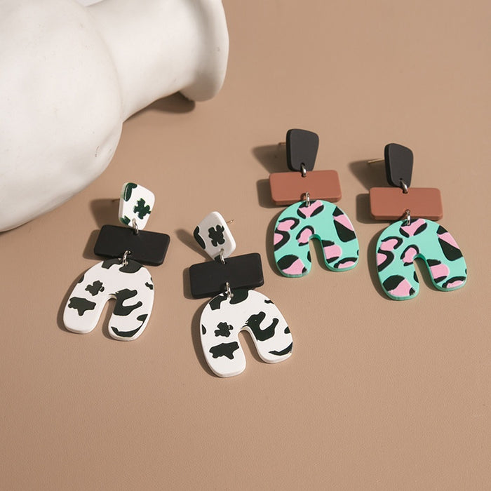 Vintage Acrylic Resin Geometric U Shape Leopard Cow Print Statement Dangle Drop Stud Earrings