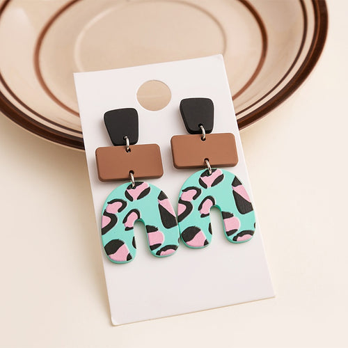 Vintage Acrylic Resin Geometric U Shape Leopard Cow Print Statement Dangle Drop Stud Earrings