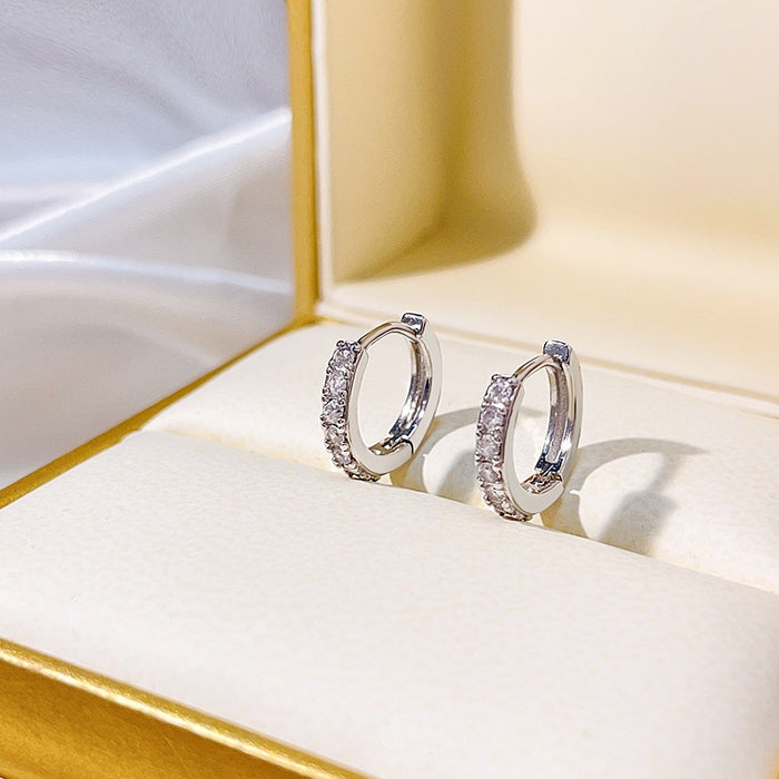 Minimalist Silver Tone Alloy Round Hoop Huggie With Zircon Rhinestone Luxury Fashion Stud Earrings