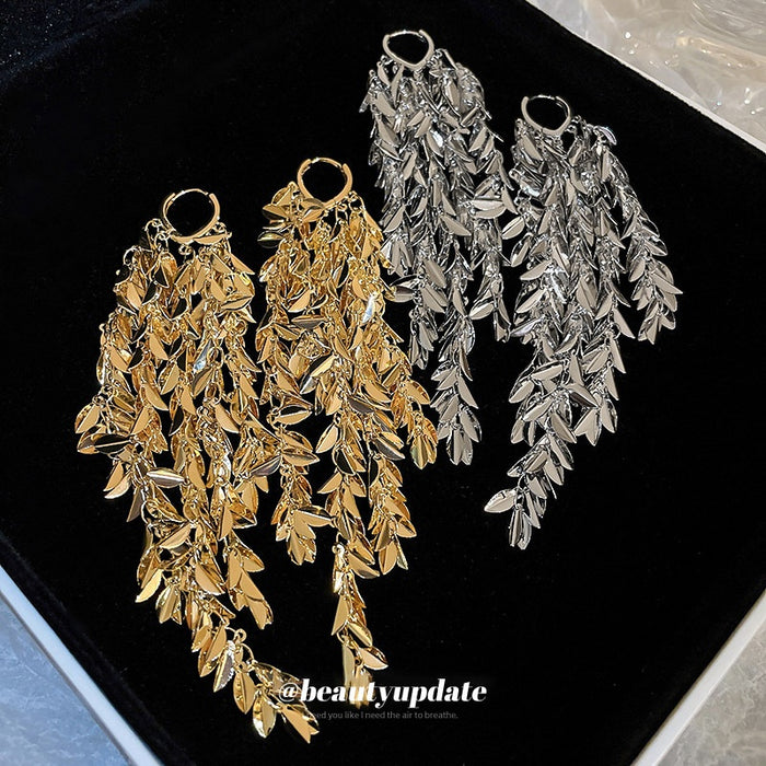 Copper Leaf Tassel Drop Earrings, High End Heavy Metal Ear Cuff Style for Women