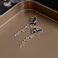 Elegant Black Enamel Butterfly Studs With Four Point Star Tassel Silver Needle Drop Earrings view 3