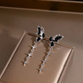 Elegant Black Enamel Butterfly Studs With Four Point Star Tassel Silver Needle Drop Earrings view 4