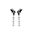 Elegant Black Enamel Butterfly Studs With Four Point Star Tassel Silver Needle Drop Earrings view 5