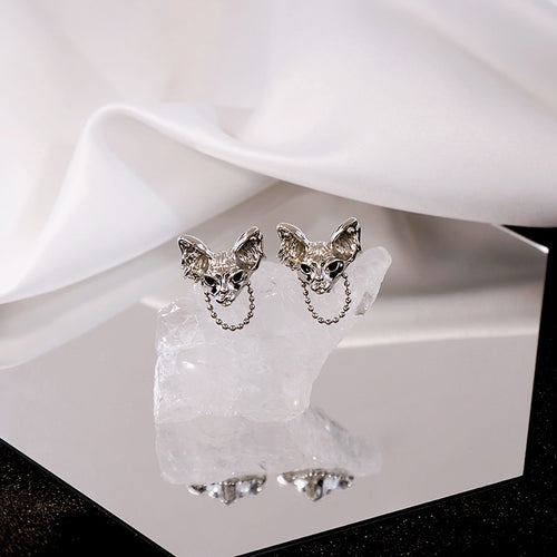 Alloy Rhinestone Cat Head Chain Tassel Studs Elegant Niche Design Silver Needle Earrings