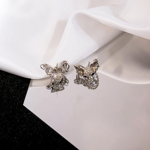 Alloy Rhinestone Cat Head Chain Tassel Studs Elegant Niche Design Silver Needle Earrings