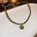 Light Luxury Faux Leather Wrap Necklace With Gold Plated Zircon Camellia Flower Pendant view 2