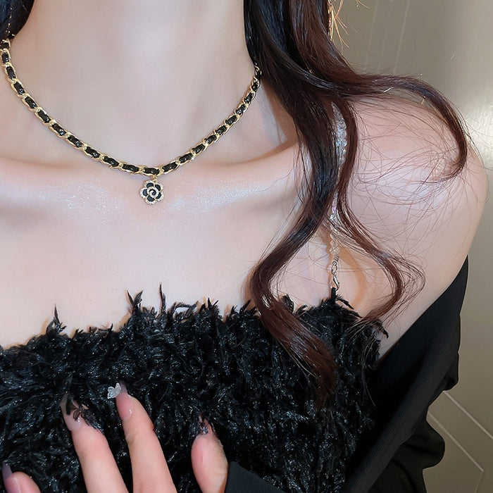Light Luxury Faux Leather Wrap Necklace With Gold Plated Zircon Camellia Flower Pendant