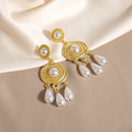 Elegant Vintage Gold Alloy Round Medallion Pendant Waterdrop Pearl Tassel Long Statement Earrings view 3