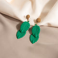 Vintage Dark Green Enamel 3D Leaf Pendant Drop Studs, American Bohemian Statement Earrings view 3