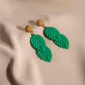 Vintage Dark Green Enamel 3D Leaf Pendant Drop Studs, American Bohemian Statement Earrings view 1