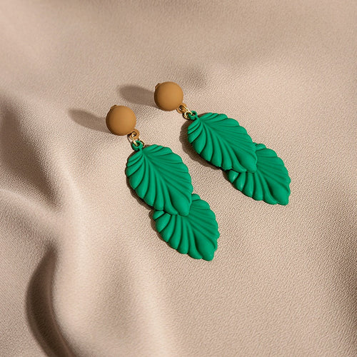 Vintage Dark Green Enamel 3D Leaf Pendant Drop Studs, American Bohemian Statement Earrings