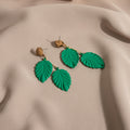 Vintage Dark Green Enamel 3D Leaf Pendant Drop Studs, American Bohemian Statement Earrings view 4