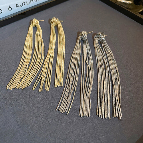 Light Luxury Copper Chain Tassel Drop Earrings For Women, Minimalist Long Metal Stud Style