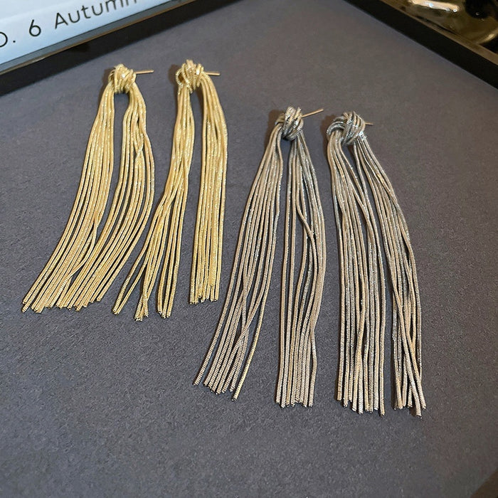Light Luxury Copper Chain Tassel Drop Earrings For Women, Minimalist Long Metal Stud Style