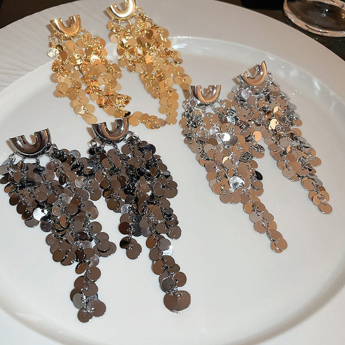 Metal U Shape Cluster Sequin Long Tassel Drop Earrings For Women, Geometric Ring Statement Style