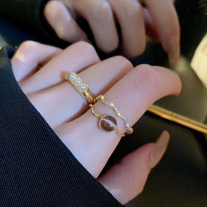 Real Gold Plated Zircon Cat Eye Double Layer Ring For Women
