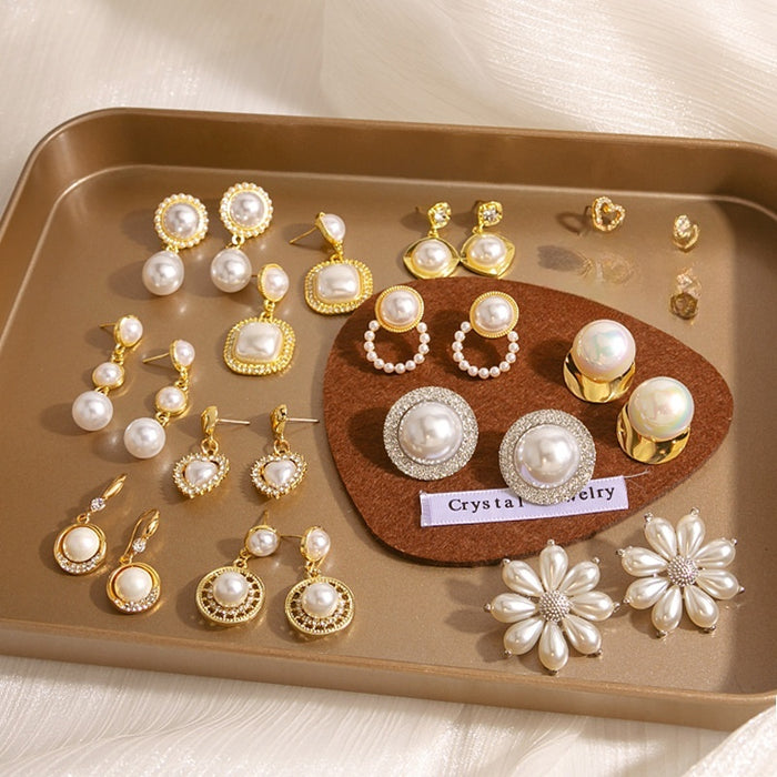 Elegant Korean Style Gold Alloy Pearl Stud And Drop Earrings With Rhinestone Crystal Accents For Women Earrings