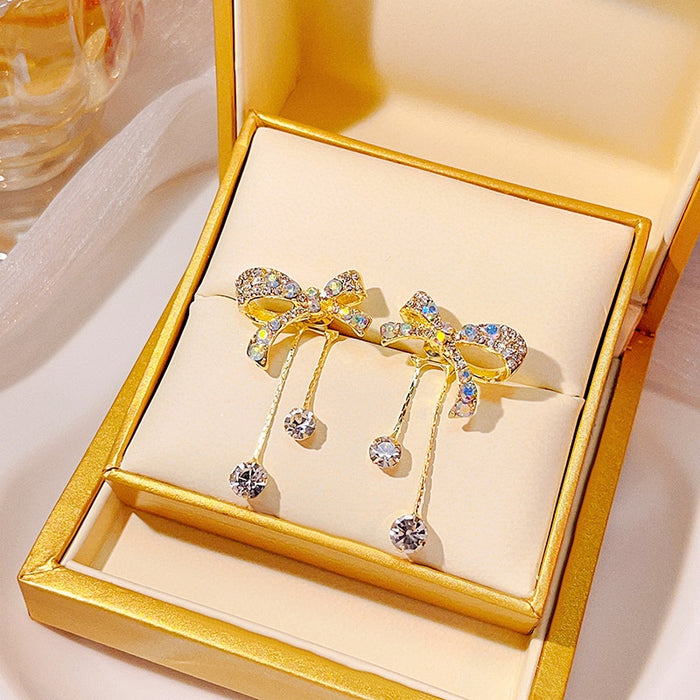Elegant Korean Style Rhinestone Bow Knot Asymmetric Dangle Studs Luxury Sweet Girl Alloy Zircon Earrings