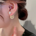 Real Gold Plated Alloy Hollow Sphere Pearl Cluster Stud Earrings French Light Luxury Style view 3