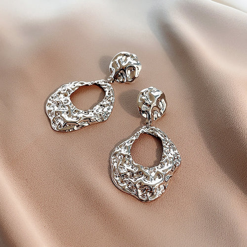 Vintage Irregular Hollow Geometric Textured Metal Alloy Drop Dangle Statement Luxury Women's Earrings