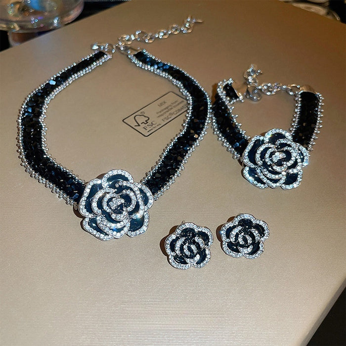 Korean Light Luxury Alloy Camellia Flower Rhinestone Crystal Clavicle Necklace