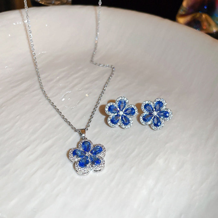 Copper Micro Pave Zircon Blue Flower Stud Earrings Sweet Forest Style Floral Jewelry for Women