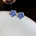 Copper Micro Pave Zircon Blue Flower Stud Earrings Sweet Forest Style Floral Jewelry for Women view 3