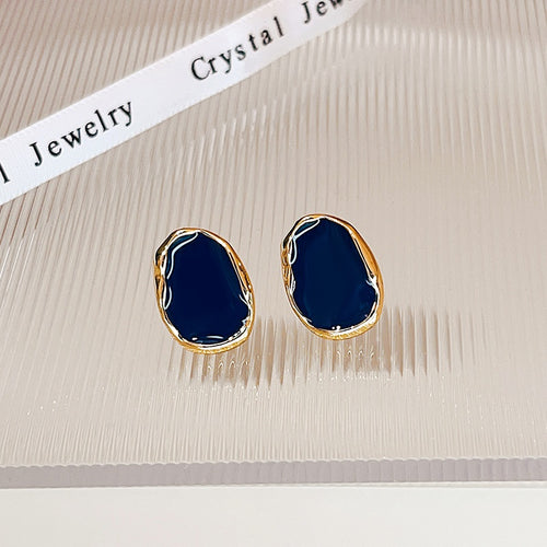 Vintage Irregular Geometric Navy Blue Enamel Alloy Gold Rim Minimalist Design Stud Earrings