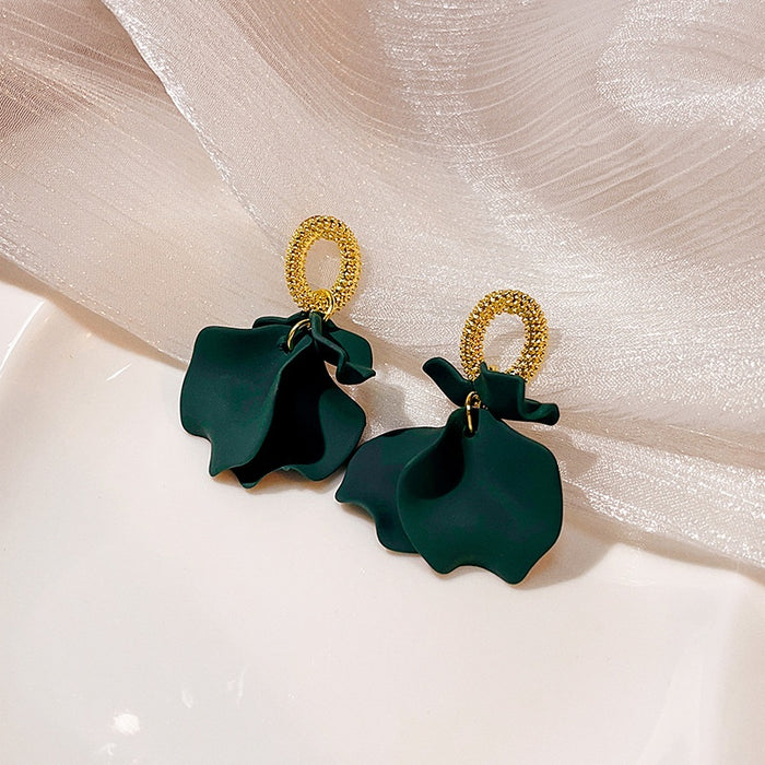 Vintage Dark Green Wrinkled Petal Tassel Alloy Rhinestone Stud Luxury Statement Earrings