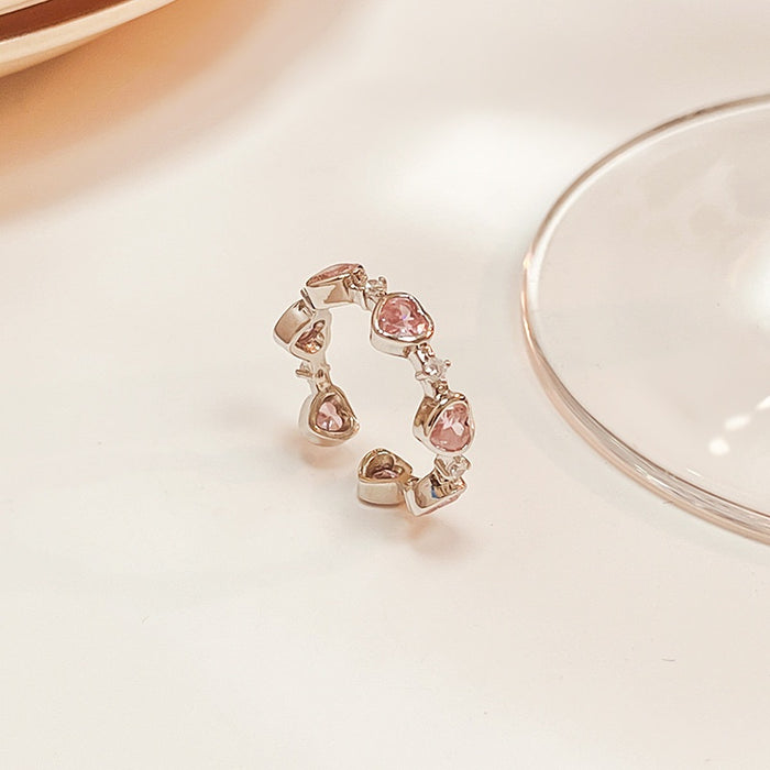 Japanese Korean Sweet Heart Pink Rhinestone Ring Niche Fashion Adjustable Open Index Finger Ring
