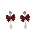 Elegant Vintage Red Velvet Bow Pearl Drop With Rhinestone Crystal Stud Women's Party Earrings view 5