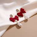 Elegant Vintage Red Velvet Bow Pearl Drop With Rhinestone Crystal Stud Women's Party Earrings view 2