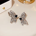 Elegant Hollow Butterfly Asymmetric Studs With Black Heart Zircon Rhinestone Alloy Silver Needle Earrings view 2