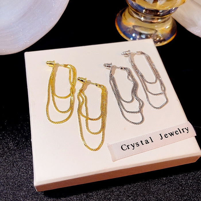 Vintage Alloy Metal Long Chain Tassel Hoop Stud Earrings For Women Elegant Layered Jewelry Earrings