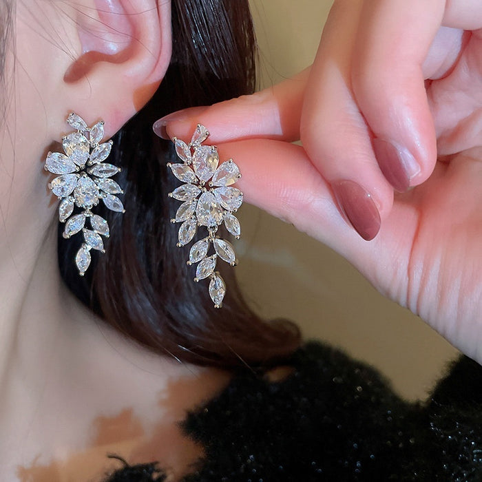 Copper Zircon Leaf Tassel Drop Earrings French Light Luxury Fashion OL Style