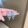 Copper Zircon Leaf Tassel Drop Earrings French Light Luxury Fashion OL Style view 2