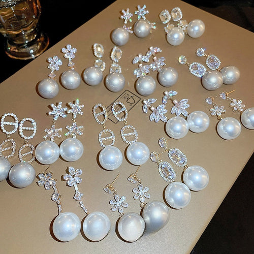 French Light Luxury Pearl Heart Zircon Flower Snowflake Stud Earrings With Silver Needle