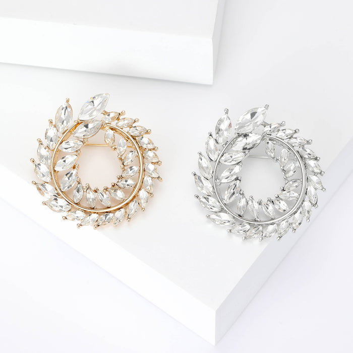 Alloy Rhinestone Olive Branch Wreath Brooch Pin For Elegant Apparel